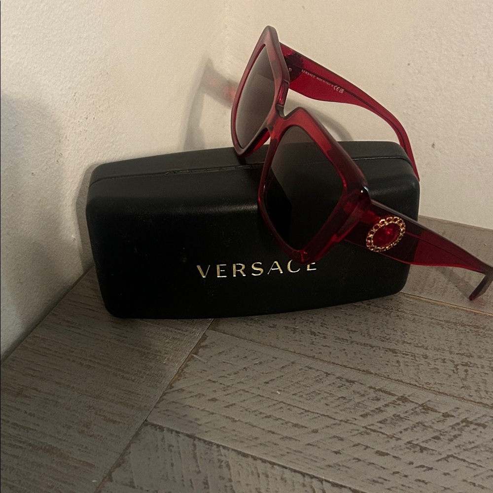 Versace Red Square-Frame Sunglasses with Gold Medallion